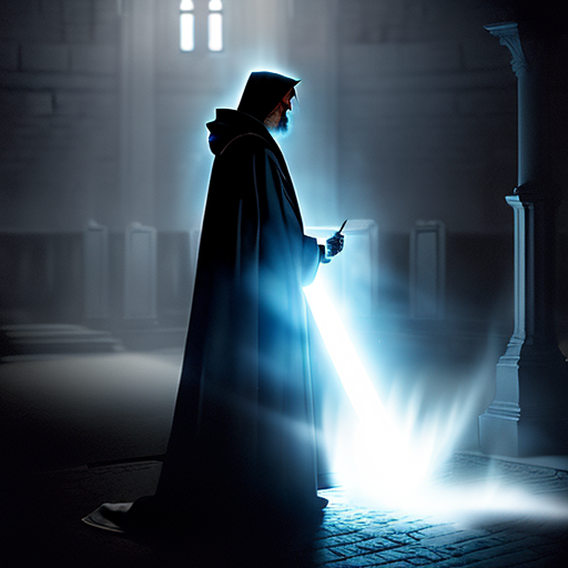 A long shot of the crypt highlighted by ethereal ghostly light, revealing the towering spectral figure cloaked in flowing robes, with Cole, gripping the Excalibur, looking up in awe and fear.